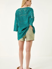 Roman Green Cotton Crochet Tunic Top - Image 3 of 5