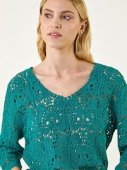 Roman Green Cotton Crochet Tunic Top - Image 4 of 5