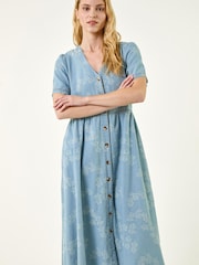 Синій - Roman Floral Denim Shirt Dress - Image 4 of 5