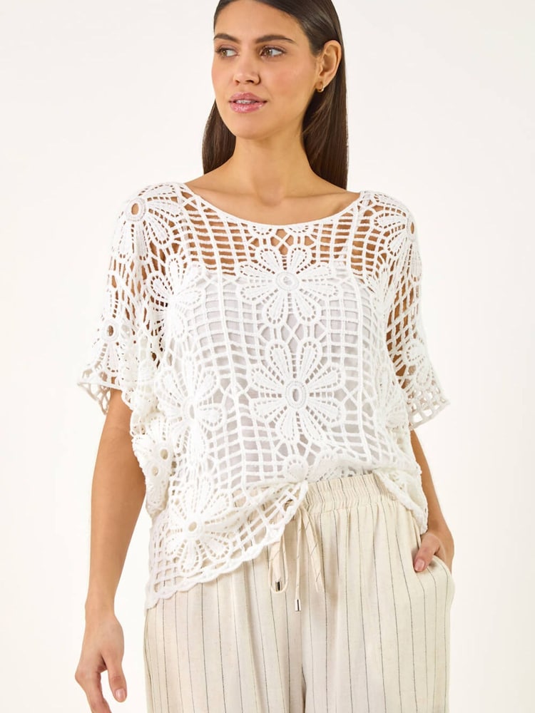 Roman White Floral Crochet Knit Top - Image 1 of 5