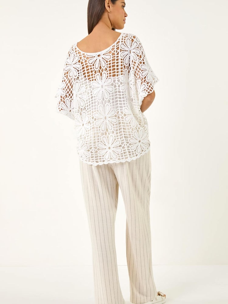 Roman White Floral Crochet Knit Top - Image 2 of 5