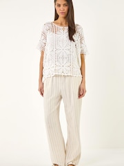 Roman White Floral Crochet Knit Top - Image 3 of 5