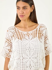 Roman White Floral Crochet Knit Top - Image 4 of 5