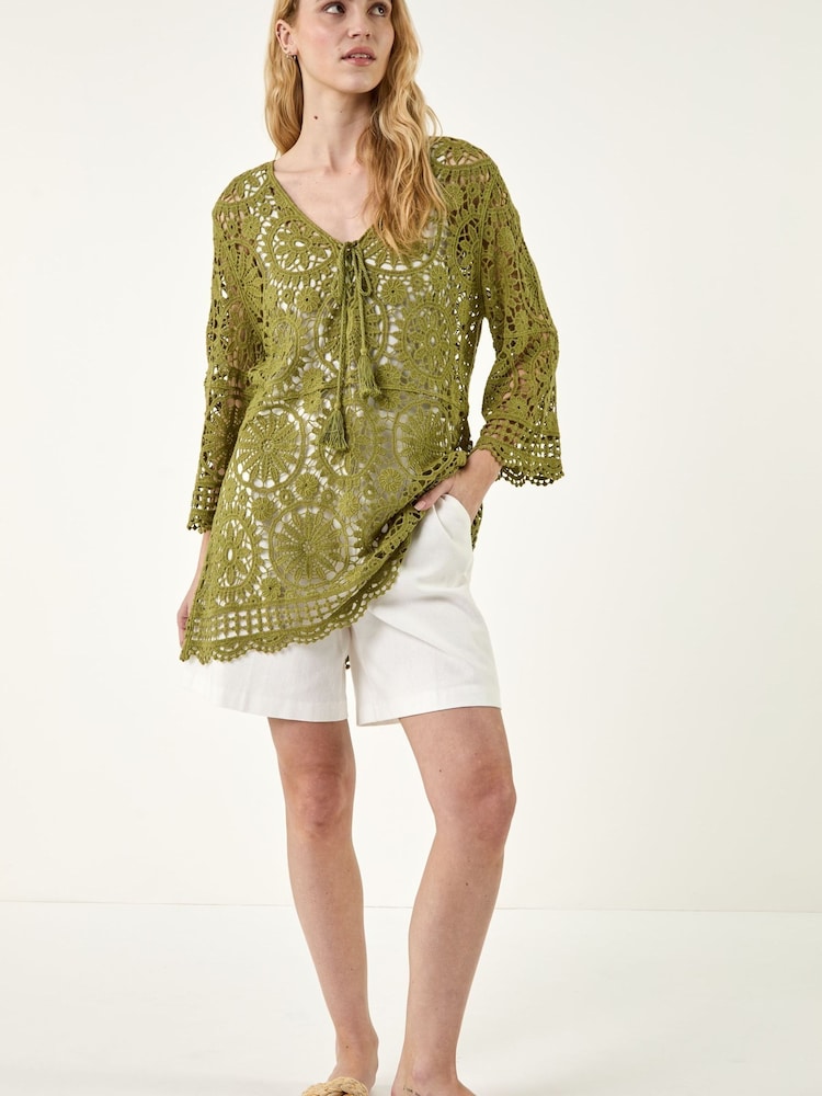 Roman Green Crochet Tie Front Knit Tunic - Image 1 of 5
