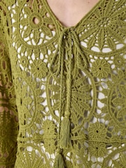 Roman Green Crochet Tie Front Knit Tunic - Image 3 of 5