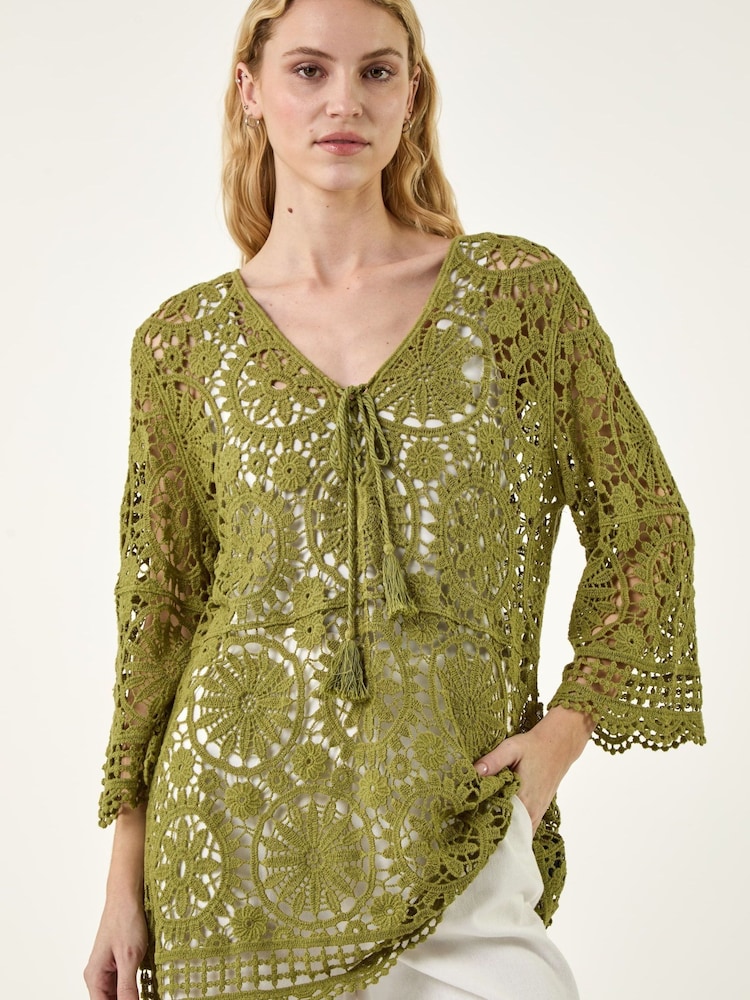 Roman Green Crochet Tie Front Knit Tunic - Image 5 of 5