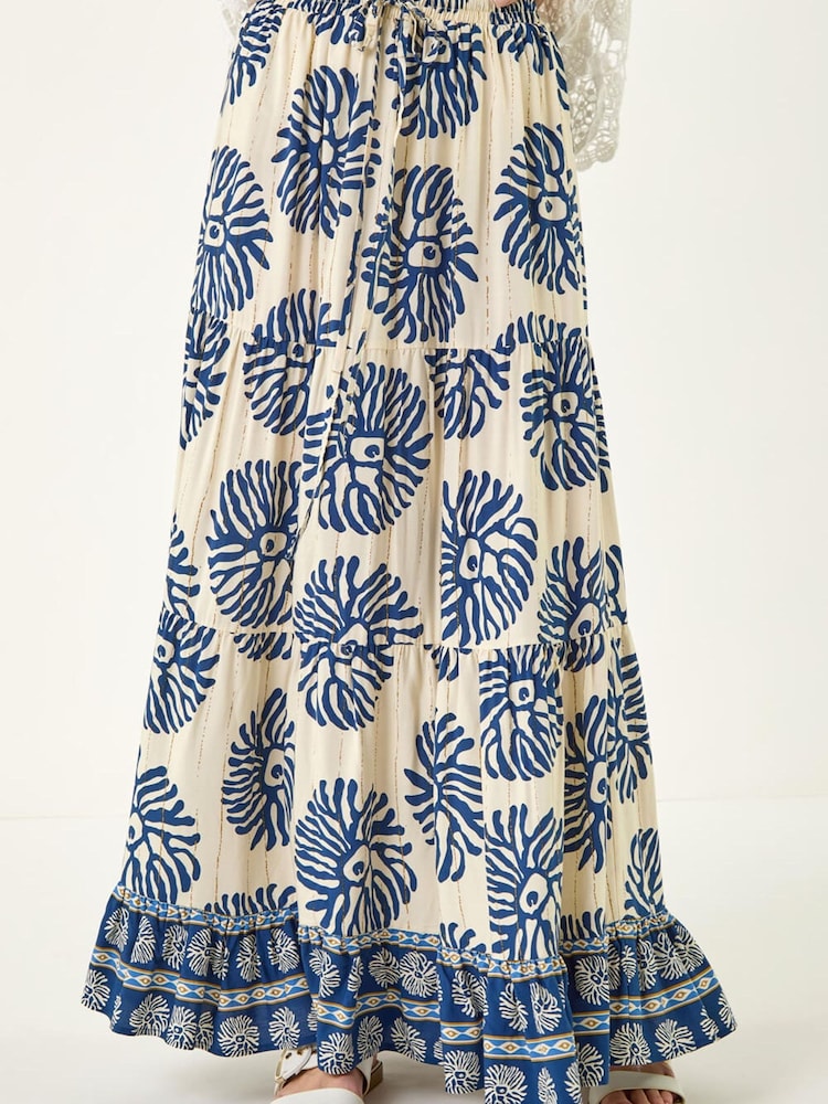 Roman Blue Mono Print Tiered Maxi Skirt - Image 1 of 5