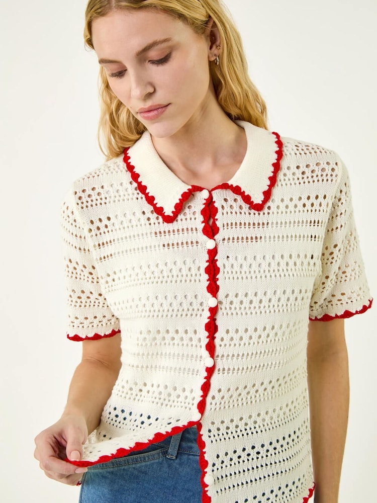 Roman White Collar Button Knit Top - Image 1 of 5 Roman White Collar Button Knit Top - Image 1 of 5