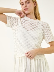 Roman White Tassel Trim Scallop Knit Top - Image 1 of 5