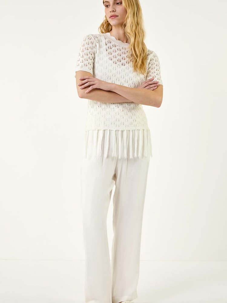 Roman White Tassel Trim Scallop Knit Top - Image 2 of 5