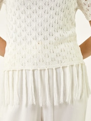 Roman White Tassel Trim Scallop Knit Top - Image 5 of 5