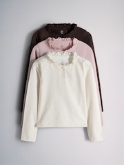 Havermoutmarmer/Roze/Chocoladebruin - The Set 3 Pack Lange mouwen Geborsteld jersey Ruches Henley T-shirts - Afbeelding 1 van 6