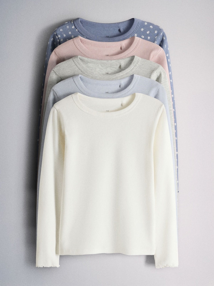 The Set 5 Pack Rib Jersey T-Shirts Grey Marl/Pink/White/Light Blue/Print - Image 1 of 8