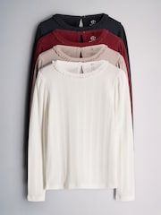 The Set 4 Pack Long Sleeve Pointelle T-Shirts Navy Blue/Red/Cream/Light Brown - Image 1 of 7
