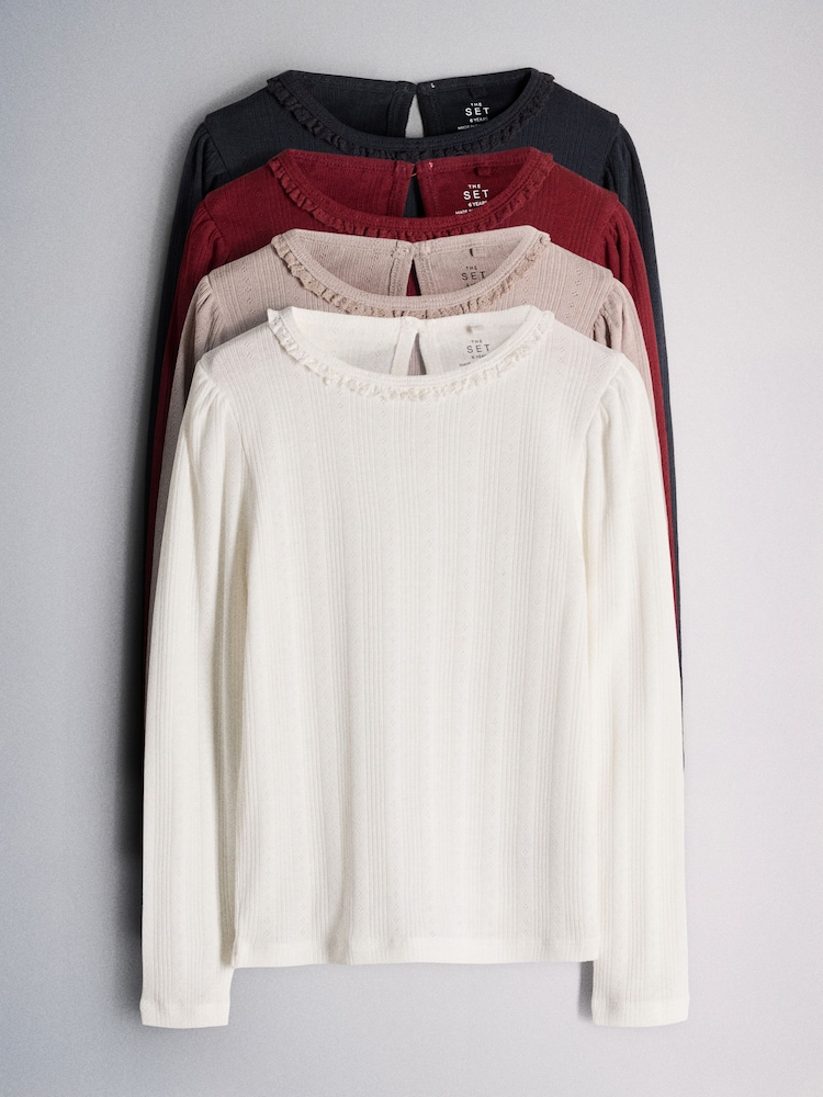 The Set 4 Pack Long Sleeve Pointelle T-Shirts Navy Blue/Red/Cream/Light Brown - Image 1 of 7 The Set 4 Pack Long Sleeve Pointelle T-Shirts Navy Blue/Red/Cream/Light Brown - Image 1 of 7