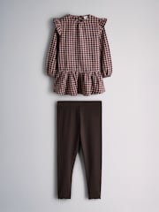The Set Long Sleeve Brushed Flannel Check Dress and Ribbed Leggings Set Pink/Chocolate Brown - Image 1 of 5