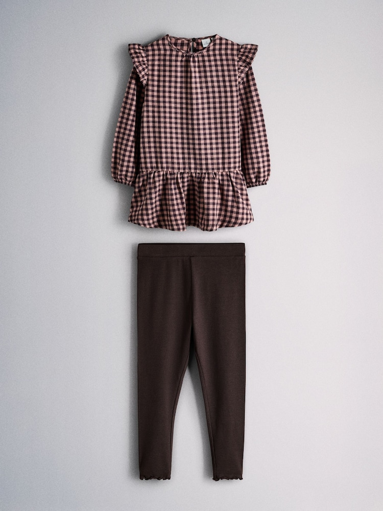 The Set Long Sleeve Brushed Flannel Check Dress and Ribbed Leggings Set Pink/Chocolate Brown - Image 1 of 5