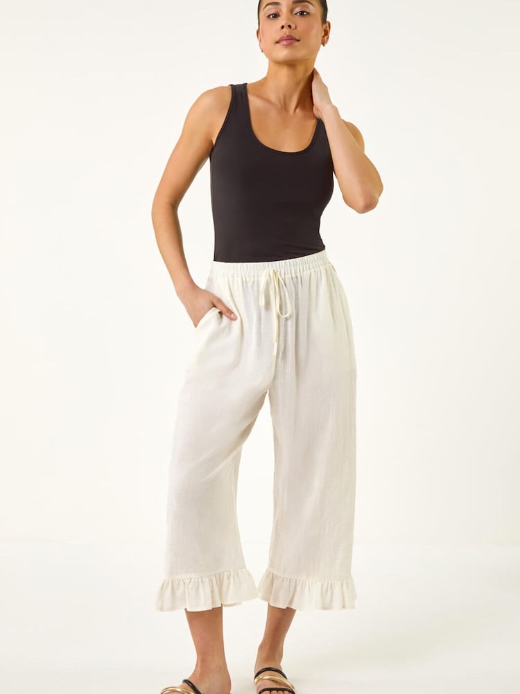 Roman White Petite Frill Hem Trousers - Image 1 of 5 Roman White Petite Frill Hem Trousers - Image 1 of 5
