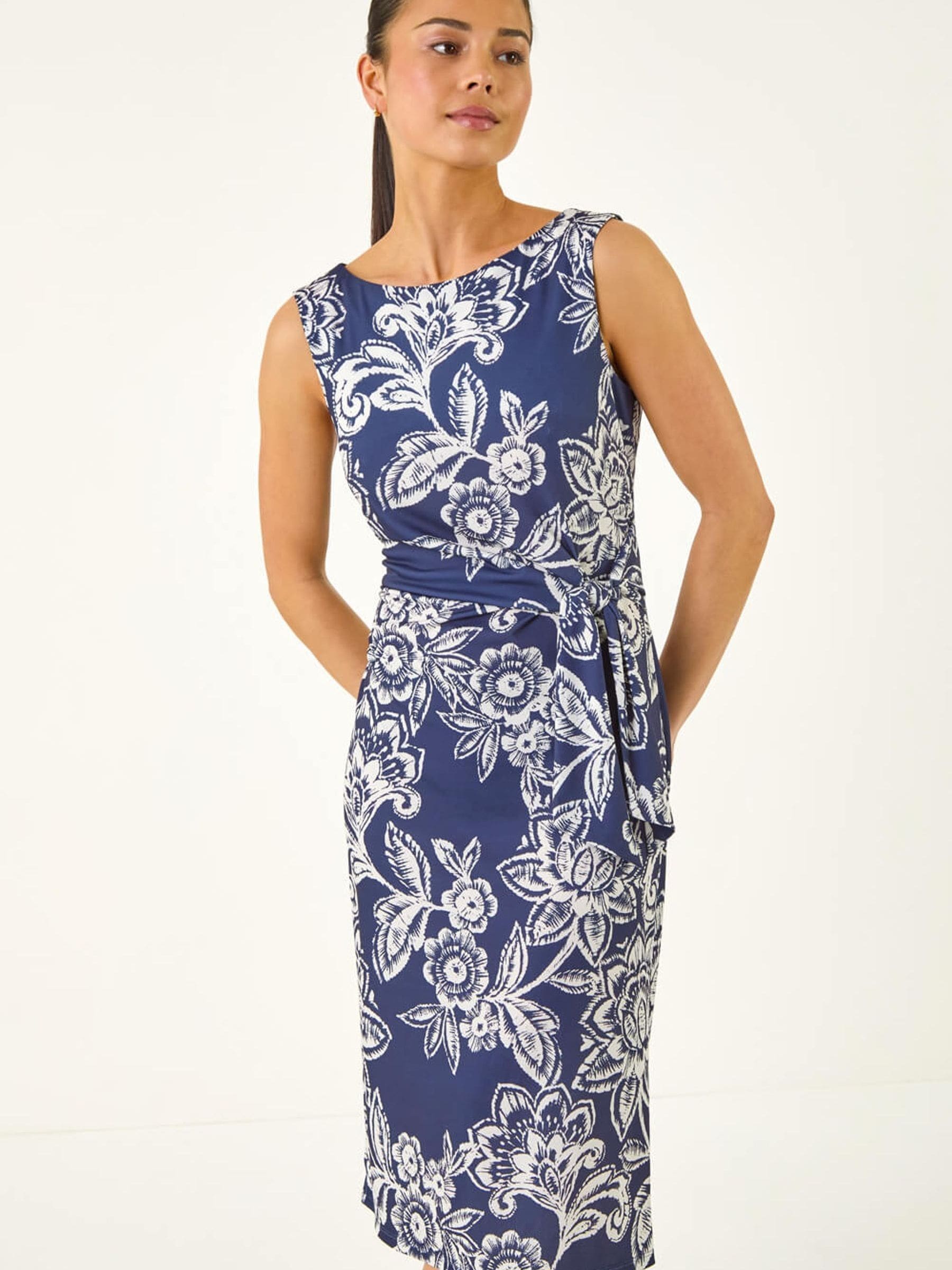 Roman Women's Navy Petite Floral Side Tie Midi Dress In | : Size 18 - Image 3
