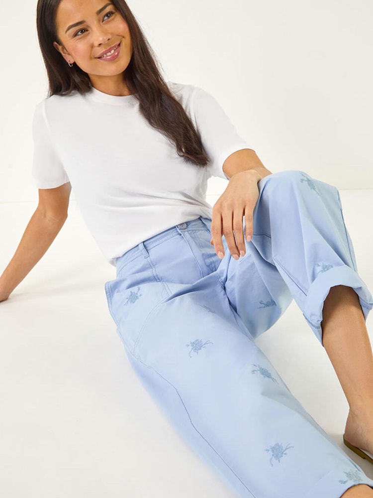 Roman Blue Petite Embroidered Trousers - Image 1 of 5 Roman Blue Petite Embroidered Trousers - Image 1 of 5