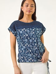 Roman Blue Petite Floral Embroidered Top - Image 4 of 5