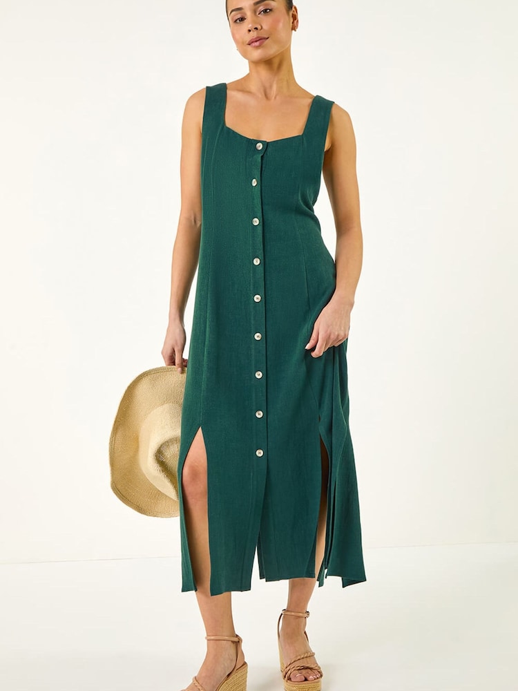 Roman Green Petite Linen Blend Buttoned Midi Dress - Image 1 of 5