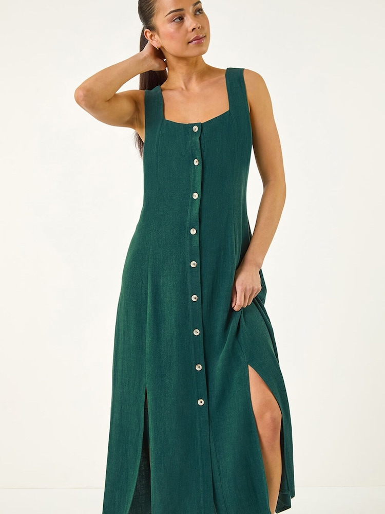 Roman Green Petite Linen Blend Buttoned Midi Dress - Image 2 of 5