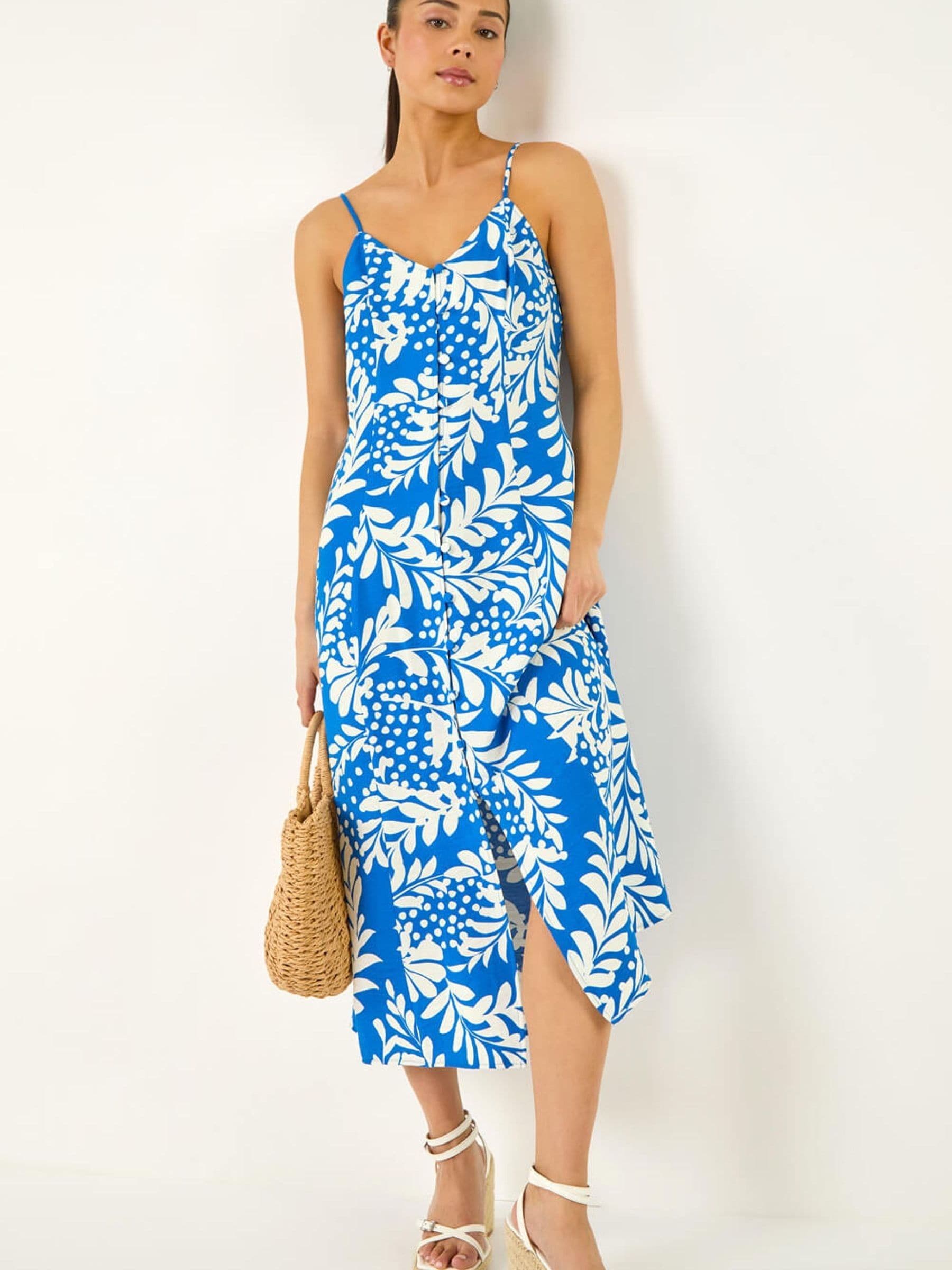 Roman Women's Blue Petite Leaf Print Strappy Midi Dress In | : Size 18 - Image 2