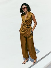 Friends Like These Olive Green Satin Barrel Trousers - Image 1 of 4