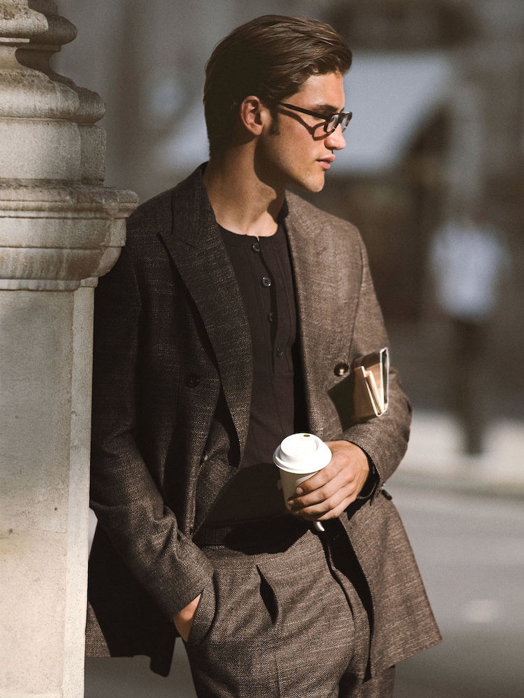Reiss Brown Vallance Classic Fit Wool-Blend Double-Breasted Herringbone Blazer - Image 1 of 9 Reiss Brown Vallance Classic Fit Wool-Blend Double-Breasted Herringbone Blazer - Image 1 of 9