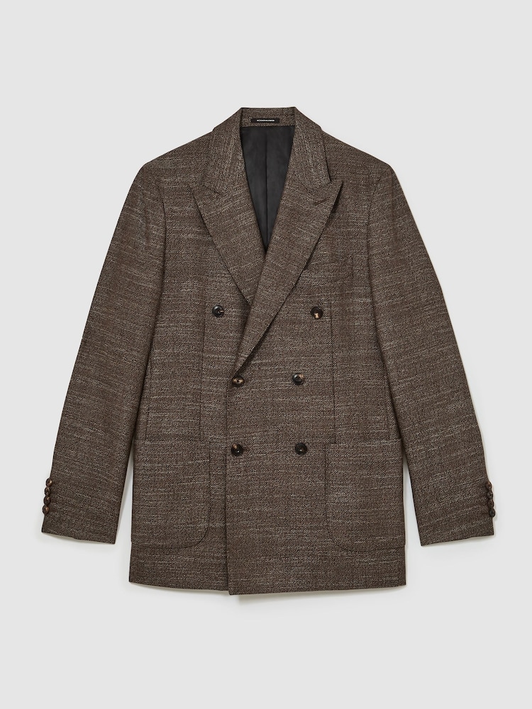 Reiss Brown Vallance Classic Fit Wool-Blend Double-Breasted Herringbone Blazer - Image 2 of 9 Reiss Brown Vallance Classic Fit Wool-Blend Double-Breasted Herringbone Blazer - Image 2 of 9