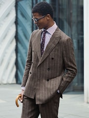 Atelier Linen-Cotton Pinstripe Double-Breasted Classic-Fit Brown Blazer - Image 1 of 9