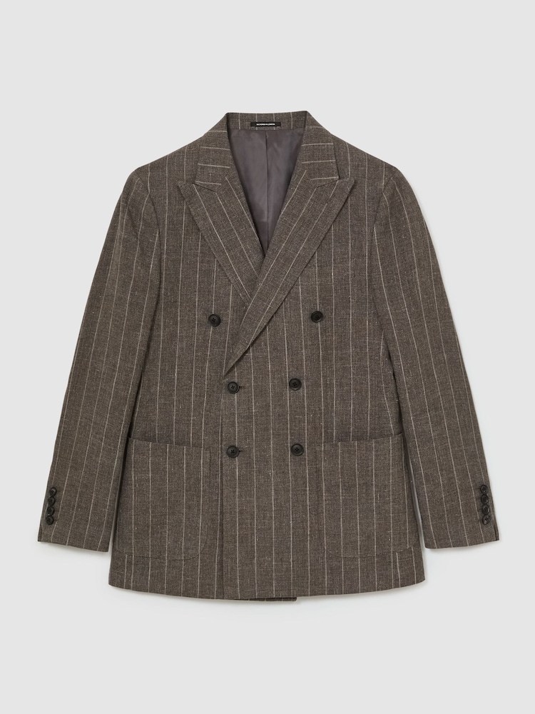 Atelier Linen-Cotton Pinstripe Double-Breasted Classic-Fit Brown Blazer - Image 2 of 9
