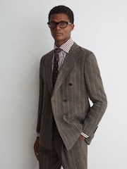 Atelier Linen-Cotton Pinstripe Double-Breasted Classic-Fit Brown Blazer - Image 7 of 9