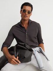Reiss Dark Brown Monaco R-Flex Cotton-Blend Stretch Jersey Shirt Slim-Fit - Image 1 of 8
