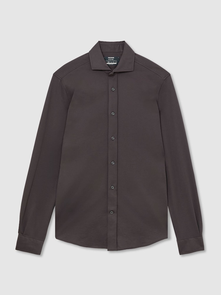 Reiss Dark Brown Monaco R-Flex Cotton-Blend Stretch Jersey Shirt Slim-Fit - Image 2 of 8 Reiss Dark Brown Monaco R-Flex Cotton-Blend Stretch Jersey Shirt Slim-Fit - Image 2 of 8