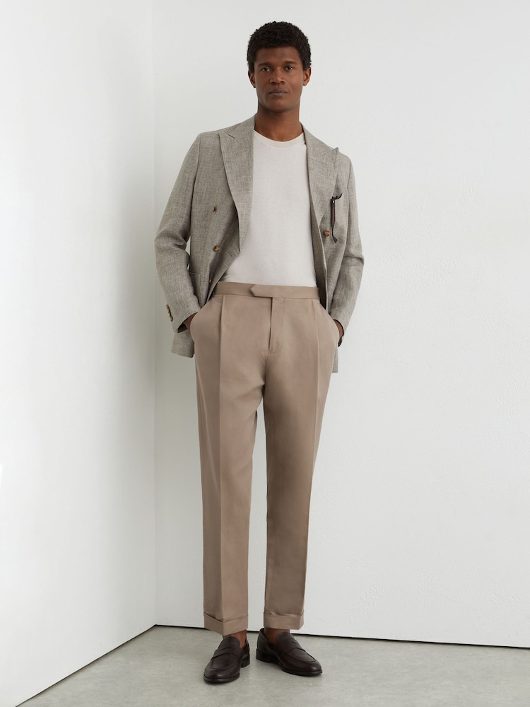 Reiss Taupe Grey Com Linen-Blend Side-Adjuster Tapered Trousers - Image 1 of 7 Reiss Taupe Grey Com Linen-Blend Side-Adjuster Tapered Trousers - Image 1 of 7