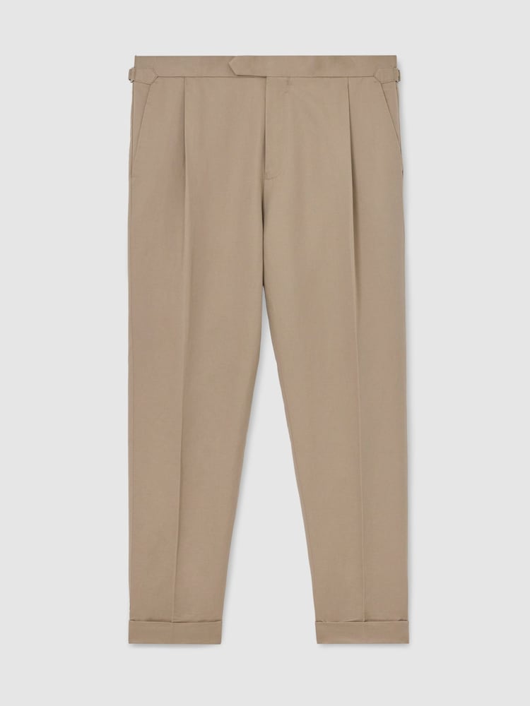Reiss Taupe Grey Com Linen-Blend Side-Adjuster Tapered Trousers - Image 2 of 7 Reiss Taupe Grey Com Linen-Blend Side-Adjuster Tapered Trousers - Image 2 of 7
