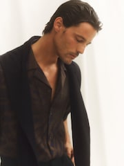 Reiss Navy/Brown Shindora Plissé Printed Cuban-Collar Shirt - Image 1 of 6