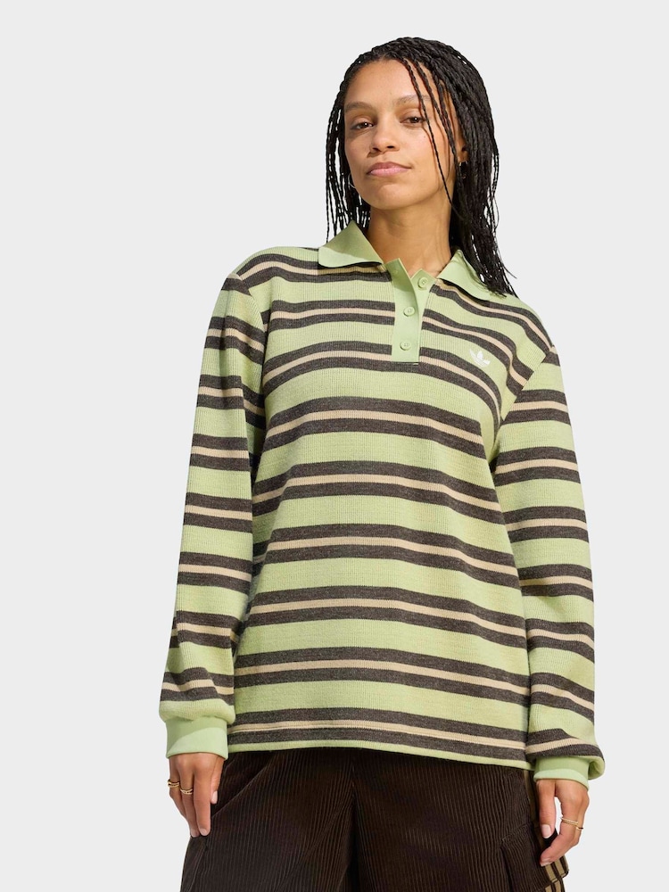 adidas Originals Lime Green Stripe Knitted Polo Top - Image 1 of 6 adidas Originals Lime Green Stripe Knitted Polo Top - Image 1 of 6