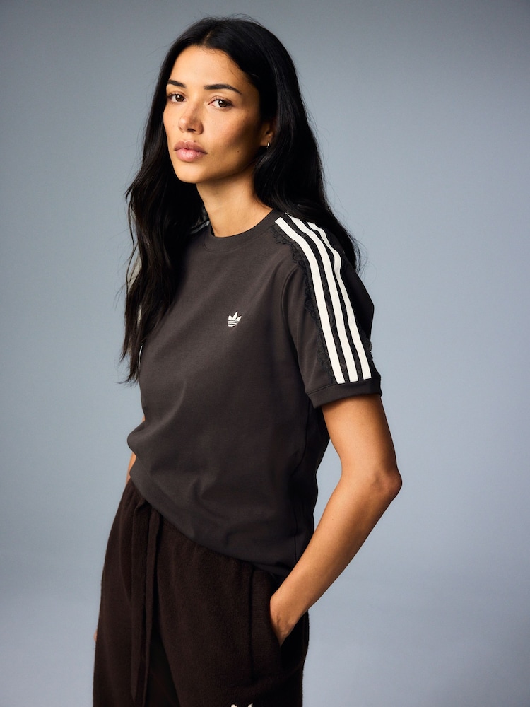 adidas Originals Brown Lace 3-Stripes T-Shirt - Image 1 of 6 adidas Originals Brown Lace 3-Stripes T-Shirt - Image 1 of 6