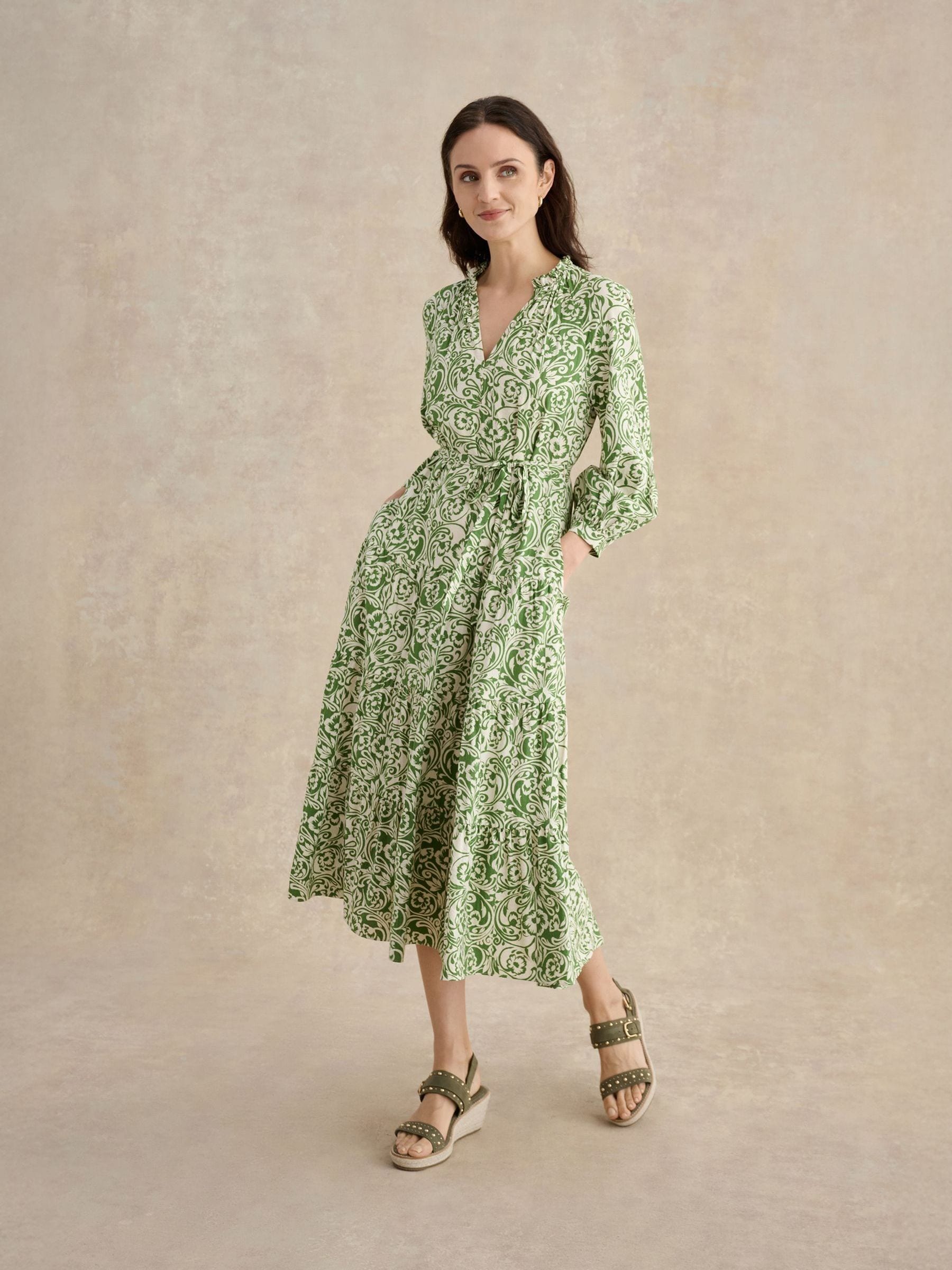 Hobbs London Green Cream Amaris Cotton Blend Dress - Image 2