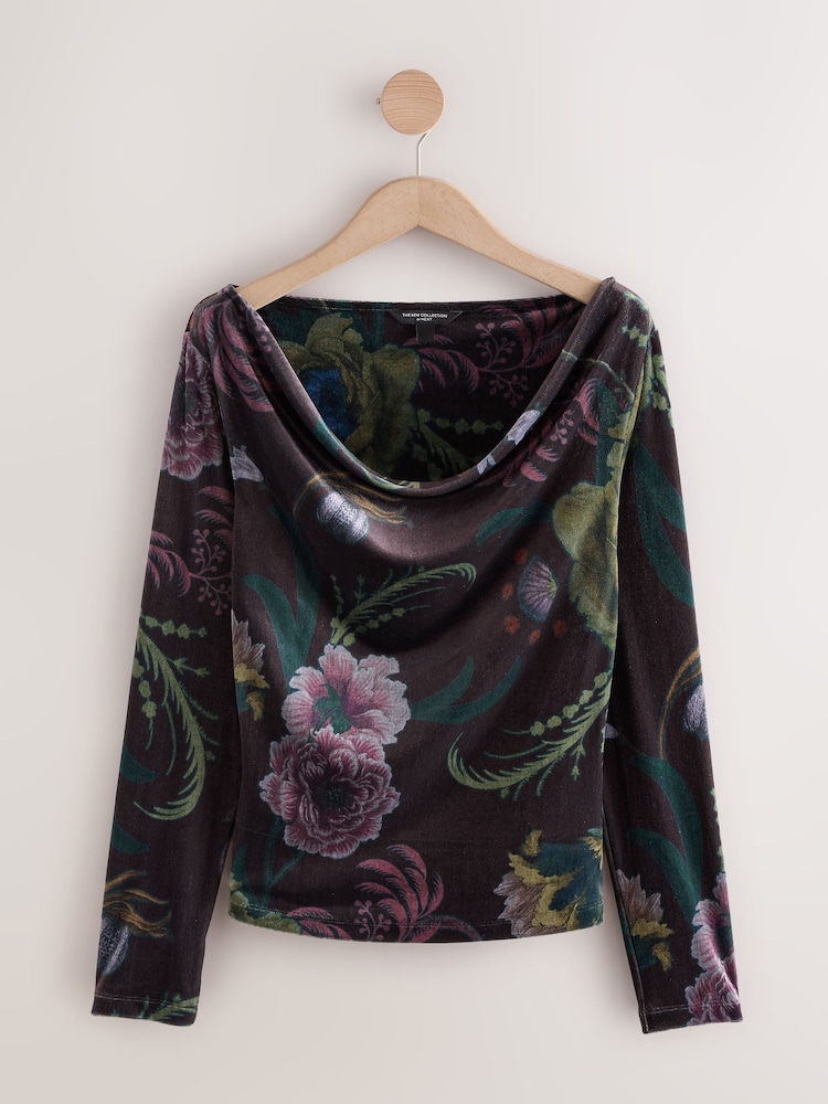 Plum Purple Long Sleeved Kew Gardens Floral Cowl Neck Drape Top - Image 1 of 3 Plum Purple Long Sleeved Kew Gardens Floral Cowl Neck Drape Top - Image 1 of 3
