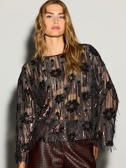 Chocolate Brown Long Sleeved Sequin Tassel Top - Image 2 of 5
