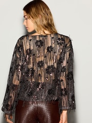 Chocolate Brown Long Sleeved Sequin Tassel Top - Image 4 of 5
