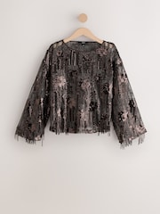 Chocolate Brown Long Sleeved Sequin Tassel Top - Image 6 of 8