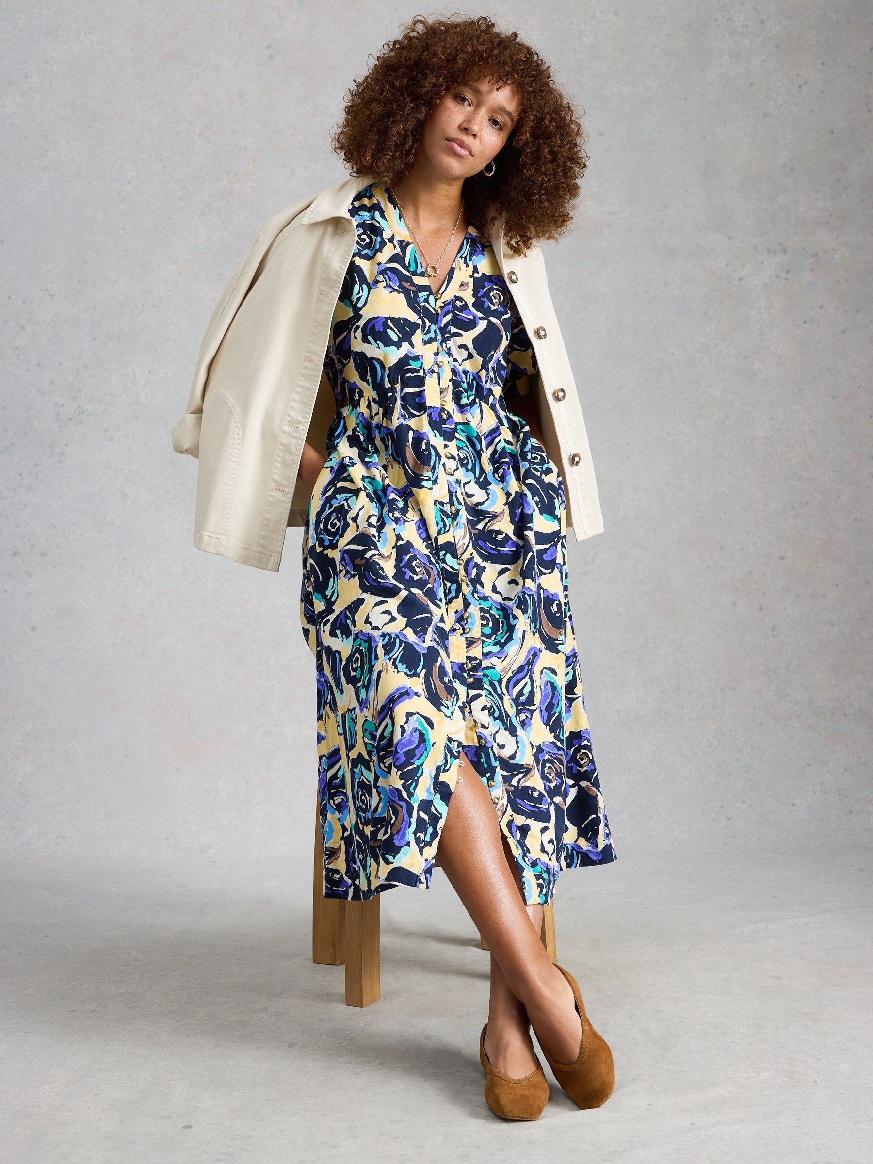 White Stuff Women's Blue Fern Linen Blend Dress