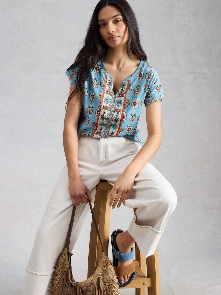 White Stuff Blue Nelly Notch Neck T-Shirt - Image 1 of 6