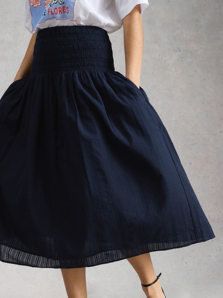 White Stuff Blue Suri Shirred Midi Skirt - Image 1 of 6