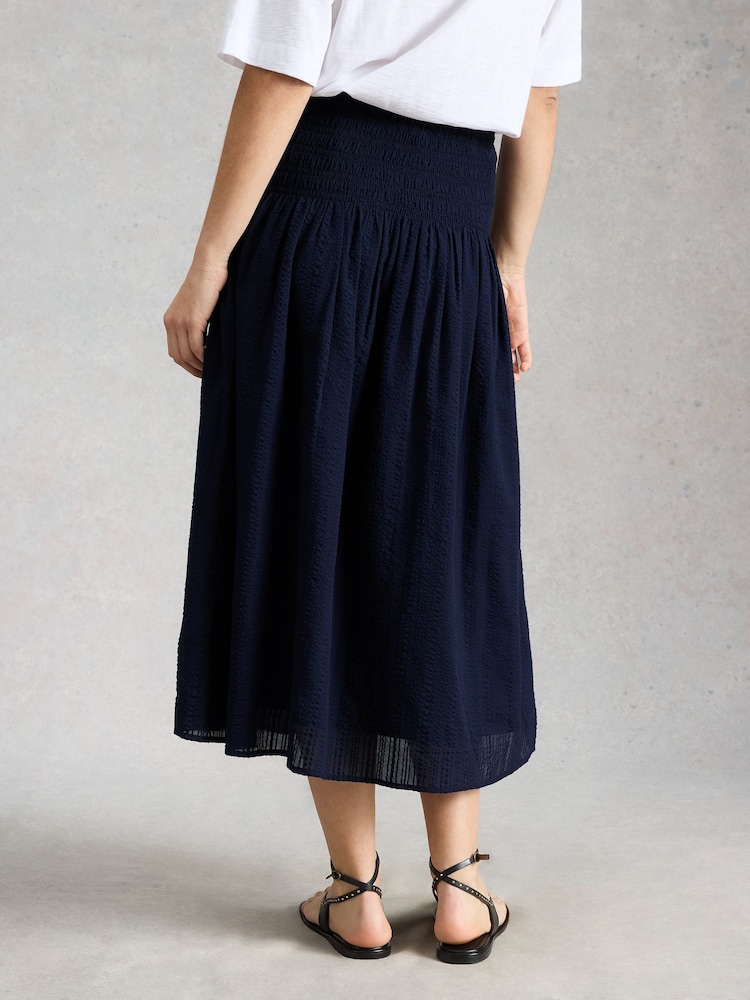 White Stuff Blue Suri Shirred Midi Skirt - Image 2 of 6